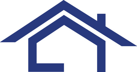 Dark blue house icon with triangular roof and chimney on white background, simple and modern home symbol