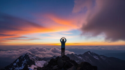 Silhouette of a man making a heart shape with his hands, standing on a mountain peak at sunset, vibrant sky with colorful clouds in the background