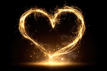 Sparkler heart light painting glows with golden sparks forming radiant heart shape in dark background creating romantic and joyful atmosphere with vibrant illumination