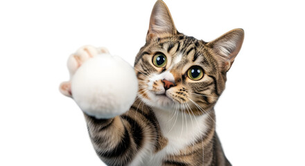 Curious tabby cat pawing at a white ball isolated on transparent background