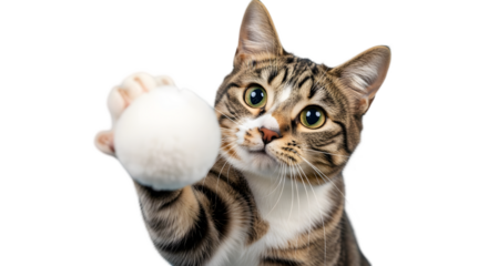 Curious tabby cat pawing at a white ball isolated on transparent background