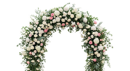 Elegant Wedding Arch Decorated with White and Pink Flowers and Green Foliage isolated PNG with Transparent Background