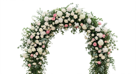 Elegant Wedding Arch Decorated with White and Pink Flowers and Green Foliage isolated PNG with Transparent Background