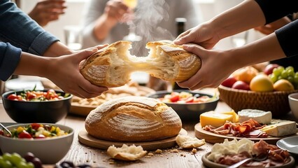 Hands holding bread over food table.