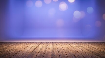 Empty Wooden Stage with Soft Purple Bokeh Lights Background wooden floor