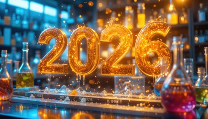 Golden 2026 year in the science lab with vibrant chemical liquids and bokeh lights, projection of future research, celebration of the lab, scientific achievement, and New Year's Innova