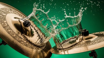 Cymbal crashing with water splash in a dramatic musical performance on a green background