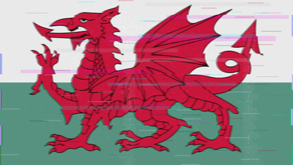 Wales glitch flag vector, RGB split distortion, digital abstract video frame illustration