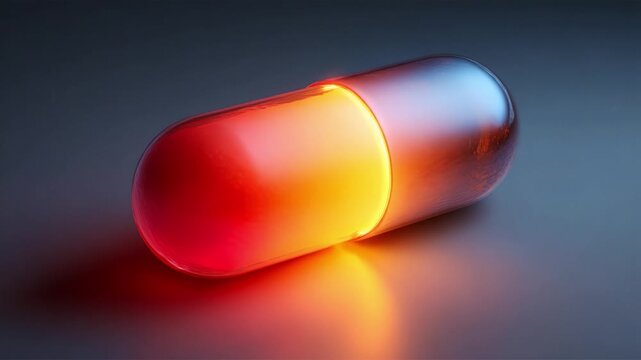 A striking visual of a vibrant capsule illuminated with varying shades that create a striking contrast against the soft background, evoking themes of health, pharmaceuticals, and wellness.