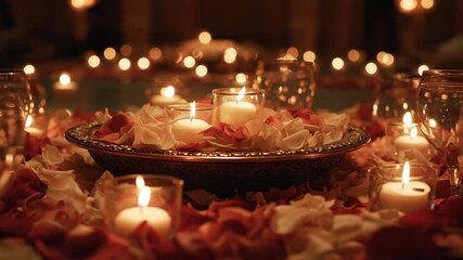 Romantic Ambiance: Soft candlelight and scattered rose petals create a serene and intimate atmosphere. capturing a moment of tranquility and romance. - Powered by Adobe