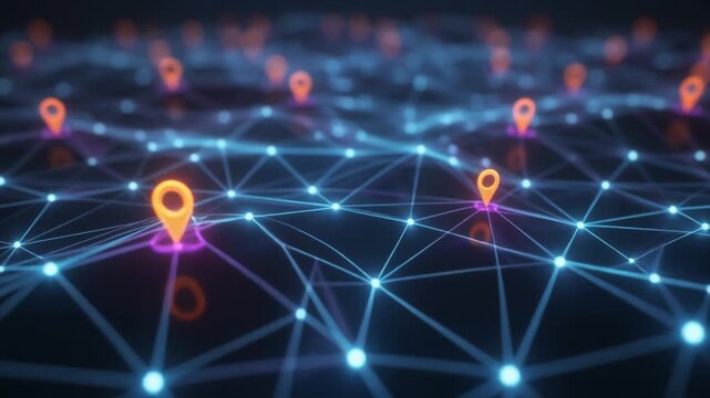 Abstract digital network with glowing blue lines and dots connecting multiple orange location pins.