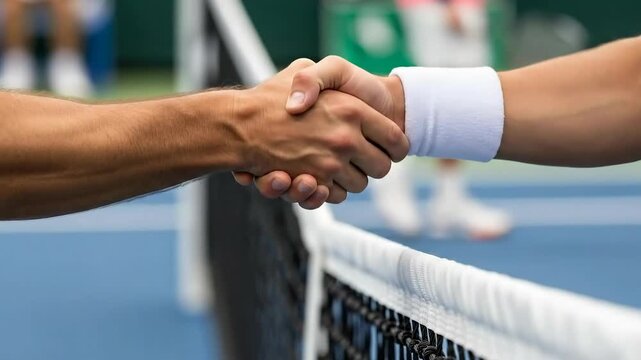 Handshake of sportsmanship on tennis court as two athletes conclude intense match with mutual respect