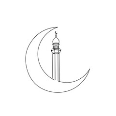 Crescent moon with islamic minaret in continuous line art style