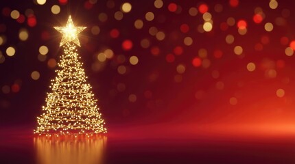 Illuminated wireframe Christmas tree with a star topper and golden bokeh lights on a red gradient background