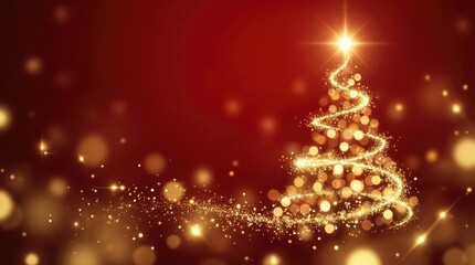 Illuminated Christmas tree made of golden light trails and sparkles on a red bokeh background