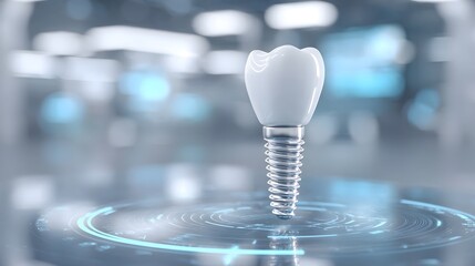 Close up of a pristine white tooth crown attached to a metallic dental implant screw presented on a glowing digital interface in a sterile abstract environment representing dental innovation