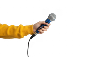 Hand holding blue microphone yellow sleeve black nails isolated on a transparent background