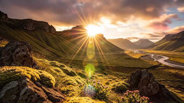 The sun rises over the mountains, casting rays of light across the lush valley. This vibrant valley features colorful flowers and a winding river that enhance the beautiful landscape.