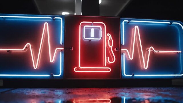 Neon sign illustration of a fuel pump with heartbeat lines in a dark environment