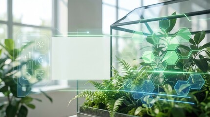 Lush green plants in a terrarium with digital interface showing environmental data greenhouse nature