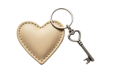 A delicate beige leather heart shaped keychain with a silver key on transparent background.
