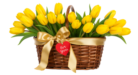 A vibrant wicker basket filled with bright yellow tulips and a heart on transparent background.