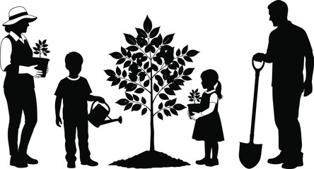Happy family gardening silhouette planting a young tree and saplings in pots, mother father and children working in garden with shovel and watering can © MstNur