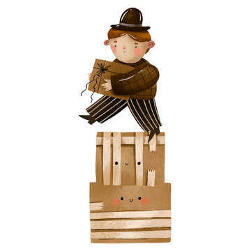 Stack of cartoon cardboard boxes and dilevery postman hold a parcel. Post parcel. Delivery hand drawn cartoon illustration