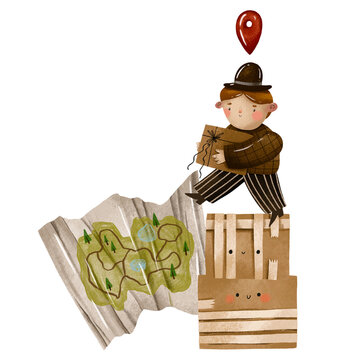 Stack of cartoon cardboard boxes and dilevery postman hold a parcel, old map location and navigation. Post parcel. Delivery hand drawn cartoon illustration