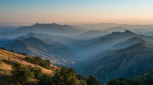 Vast layered mountain range receding into a hazy valley at sunrise creating a serene and panoramic natural landscape