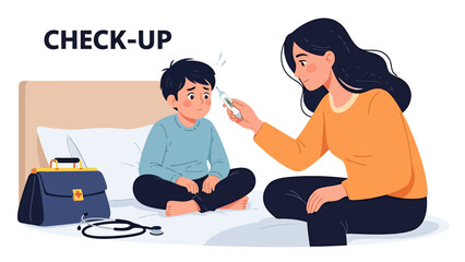 Mother Checks Child s Temperature at Home Healthcare Scene