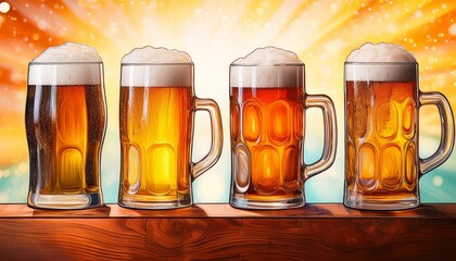 Illustrated Beer Mugs With Frothy Tops On Vibrant Backgrounds