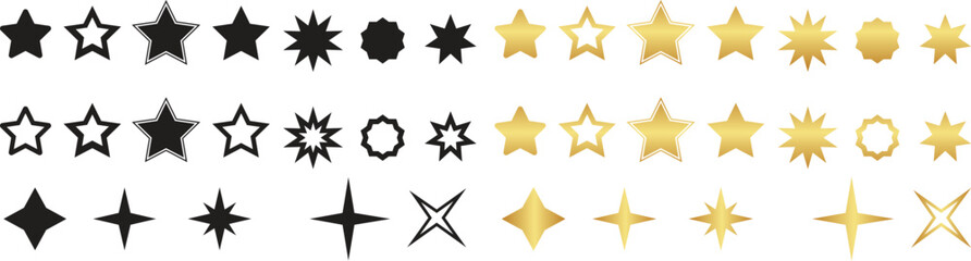 Obraz premium Golden and Black Stars vector icons collection set. isolated on PNG transparent background
