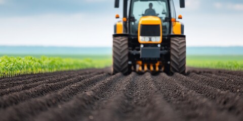 Agriculture robot assist, Tractor cultivating soil in a vast agricultural field.