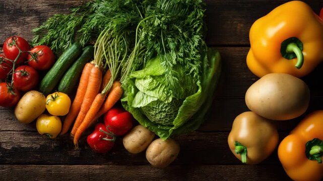 A colorful variety of fresh organic vegetables including carrots lettuce and bell peppers artfully arranged on a rustic wooden background ideal for healthy eating concep