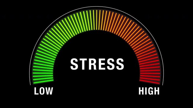 Animated neon Stress gauge meter transitioning from green low to red high, visualizing performance, energy levels, and health measurement indicators.