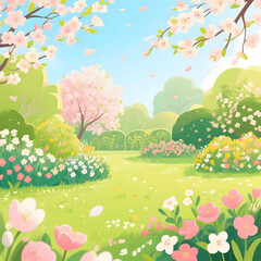 Colorful spring garden with blooming flowers and clear blue sky  