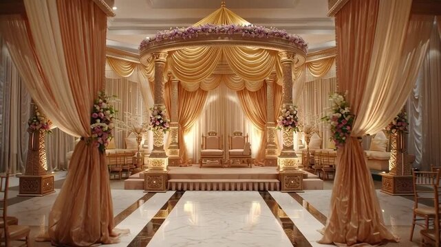 Opulent Ceremony Stage: A captivating indoor setting, embellished with luxurious drapes, flowers, and an elegant altar, setting a scene of anticipation for a memorable celebration.