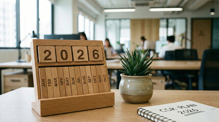 Wooden calendar showing year 2026 placed on office desk next to small potted succulent plant and notebook with corporate social responsibility plan, blurred workspace background