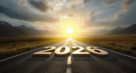 2026 New Year Journey: 3D Golden Numbers on a Road Leading to a Dramatic Sunset Horizon with Majestic Mountains, Symbolizing Future Goals and Progress.