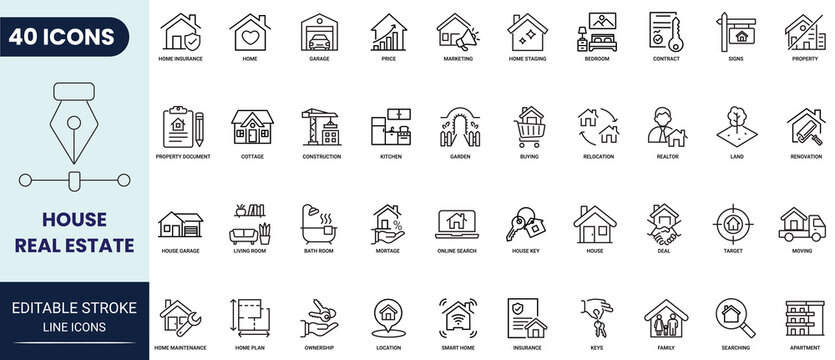 House or Real estate line icon set. Includes house, real estate, property, buying, key, building, apartment, home, and more. Editable stroke. Full vector.