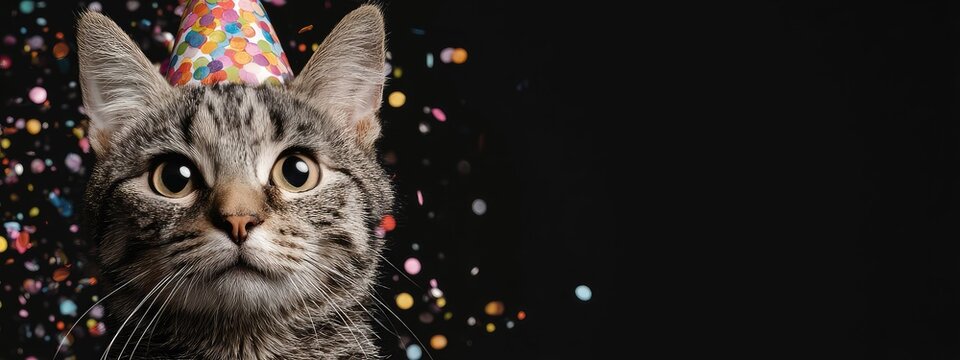 a grayscale photo collage features a festive cat with a surprised expression, wearing a birthday party hat