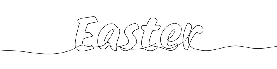 The word "Easter" in block letters. Drawing in one line art style with editable black stroke on a white background. Vector illustration, Easter or holiday concept.
