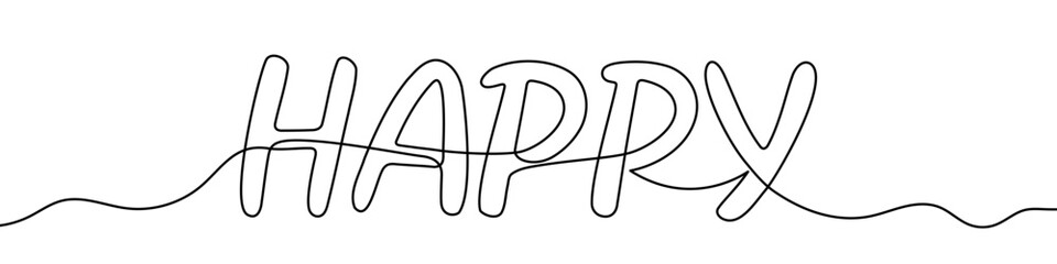The word "HAPPY" in block letters. Drawing in one line art style with editable black stroke on a white background. Vector illustration, concept of happiness, greeting, or positive mood.