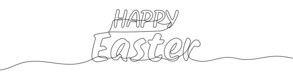 The phrase "HAPPY EASTER" in block letters. Drawing in one line art style with editable black stroke on a white background. Vector illustration, Easter greeting or holiday concept.