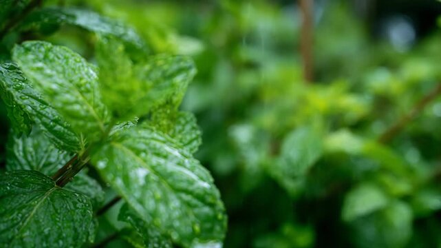 Fresh vibrant green mint leaves wet with dew or rain showcasing natural organic growth in a garden setting