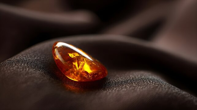 A polished, radiant amber gemstone with natural inclusions resting on a luxurious dark brown textured fabric surface.