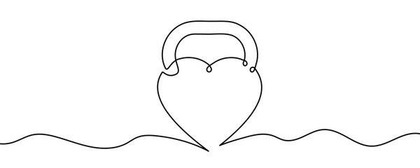 Kettlebell stylized in the shape of a heart for training in one line art style. Drawing with editable black stroke on a white background. Vector illustration