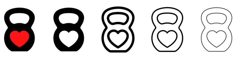 Kettlebell with heart icon. Sports equipment with a symbol of love and fitness: red, black silhouette, and outline lines. Five style variations. Vector illustration.