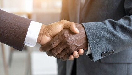 Obraz premium Handshake Harmony: Two professionals seal a deal with a firm handshake, symbolizing partnership and agreement. The focus is on the human touch and the moment of connection.